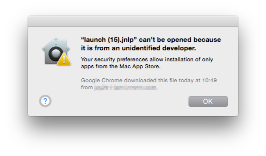 launch(15).jnlp can't be opened because it is from an unidentified developer. Your security preferences allow installation of only apps from the Mac App Store.